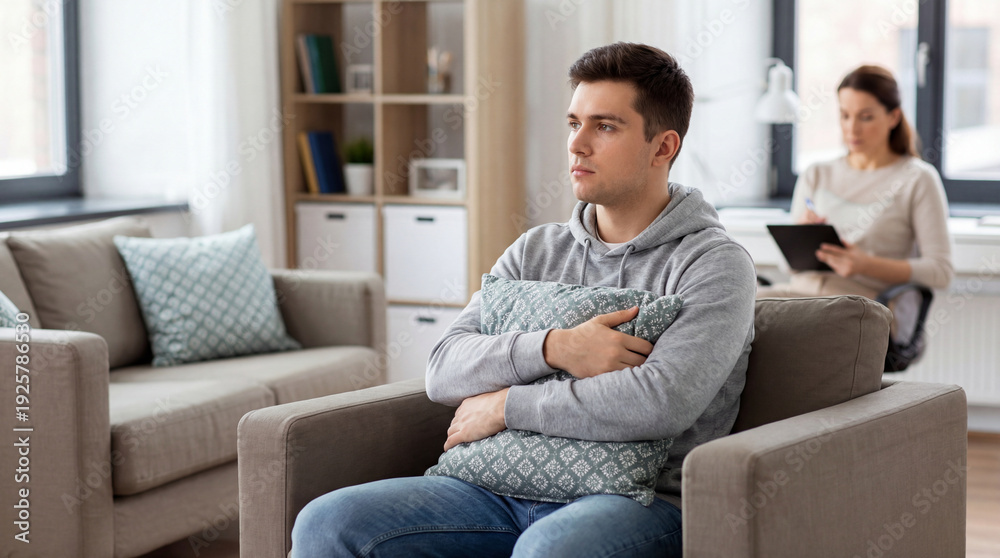 Obraz premium Young man attends therapy on sofa. Therapy session with counselor notes in background, therapy support for world mental health day, anxiety help, modern home office, calm concept, safe space