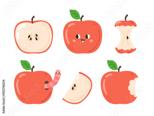 Set of red apples. Ripe, bitten, slice of apple, apple with a worm 