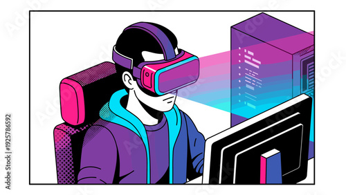 Futuristic gaming in virtual reality with neon colors and digital effects