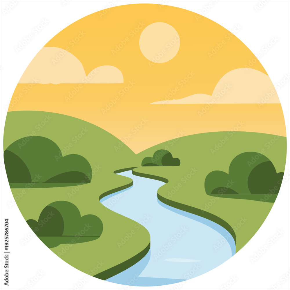Obraz premium Natural Creek with Flowing Water and Greenery Isolated Vector Illustration on White Background