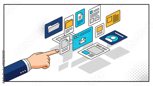 Isometric digital interface with hand pointing at floating documents