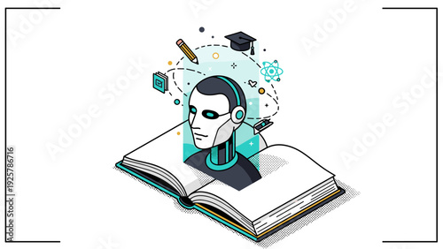 Futuristic education concept with robot and open book