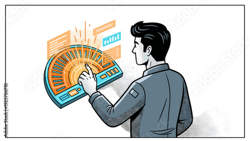 Futuristic dashboard with hand gesture interface in halftone style