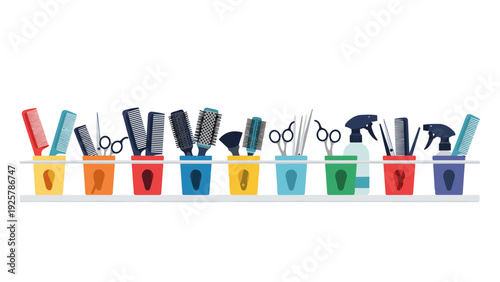 Multicolored hair salon tools on shelf in flat design