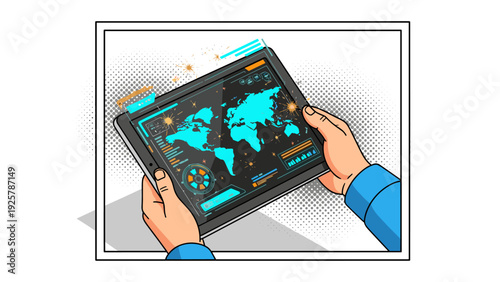 Futuristic tablet interface with world map in pop art style