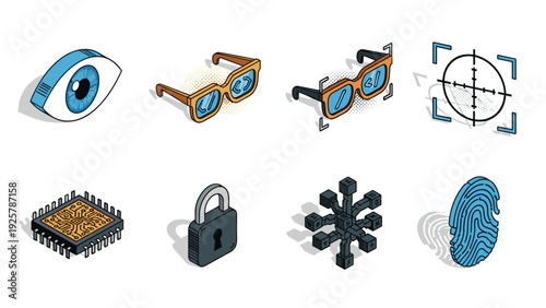 Isometric technology icons: cybersecurity, optics, biometrics, and circuitry in modern design