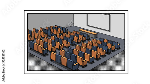 Isometric empty auditorium with rows of orange and blue chairs in comic art style