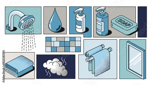 Retro comic style bathroom essentials with soap, towels, and shower