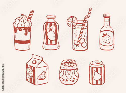 Collection of hand-drawn vector drinks of different types and in various packages. Sketch illustration of lemonade, juice, soda water, milkshake, yogurt for logo, web, advert. Minimalist clip art.