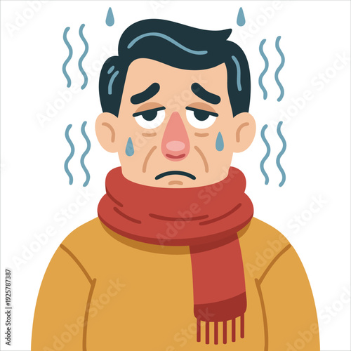 High Fever Man with Thermometer and Unwell Expression Vector
