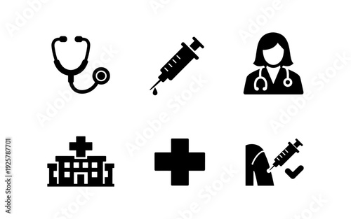 Medical icons set: stethoscope, syringe, doctor, hospital, cross, and vaccination