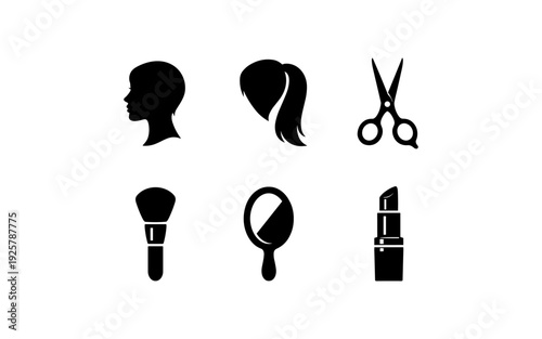 Collection of beauty and salon icons including hair, makeup, and tools