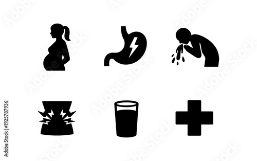 Collection of medical icons representing pregnancy, stomach pain, vomiting, and healthcare services