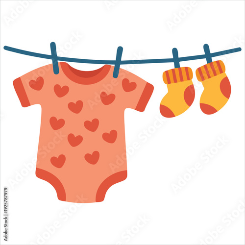 Wet Clothes Hanging and Drying on Drying Rack in Cartoon Flat Style Colorful T Shirt and Socks with Clothespins on a Rope