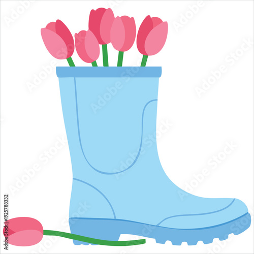 Charming spring bouquet of colorful flowers arranged inside a blue rubber boot hand drawn vector art for cards and prints