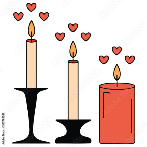 Romantic set of colored burning candles in glass with melting wax and thread adorned with doodle hearts for Valentine Day decor