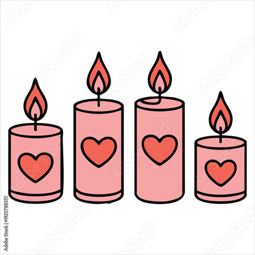 Elegant collection of red and black candles burning in glass holders decorated with hand drawn hearts for love themed designs