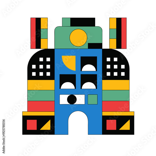 A colorful abstract illustration of a building with many shapes