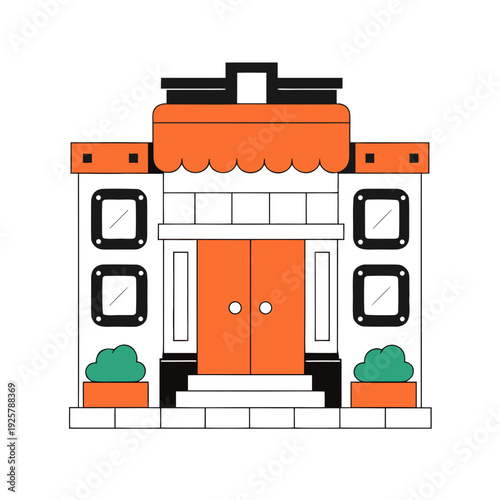 A cartoon building with an orange door and awning