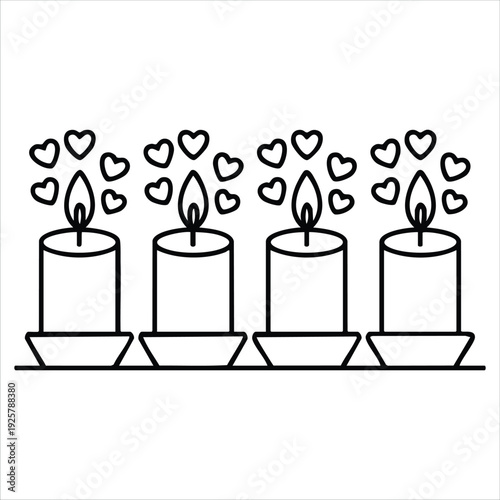 Passionate love concept featuring burning glass candles with thread melting wax and doodle heart illustrations on white background