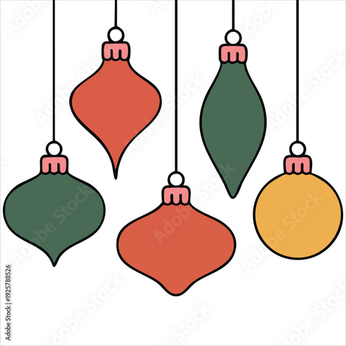 Square Christmas banner with Soviet style painted ornaments and traditional holiday balls on clean white background