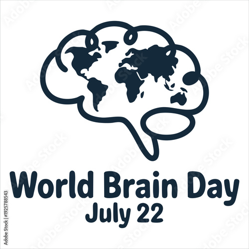 Human brain outline on Earth background for World Brain Day postcard with cute cartoon style for July  medical awareness