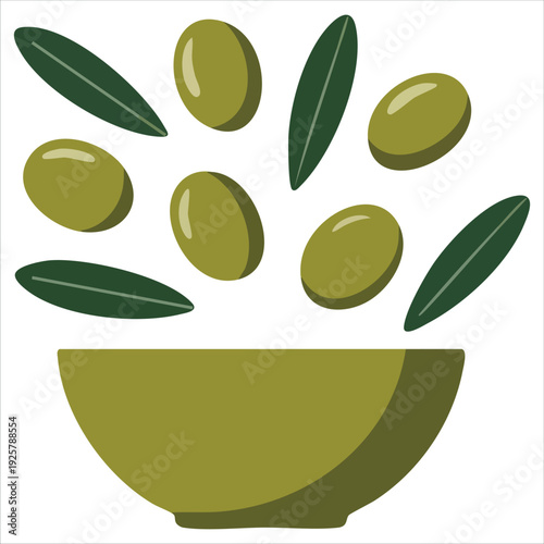 Fresh olives in wooden bowl with branches and leaves hand drawn illustration for Mediterranean cuisine and healthy eating concepts