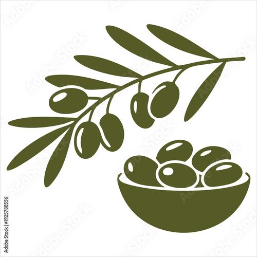 Colorful whole olives with branches on plate in wooden bowl hand drawn for food packaging and culinary ingredient design