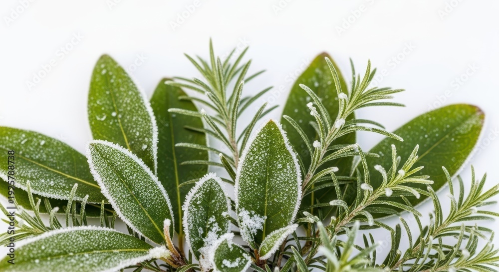 Obraz premium Frozen greenery: frost-kissed rosemary and bay leaves on white background