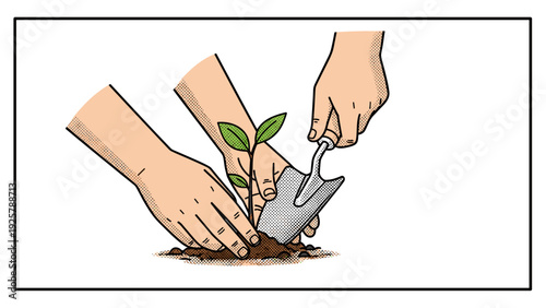 Vintage style gardening: hands planting a seedling