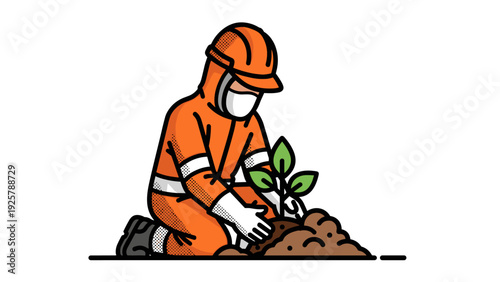 Construction worker planting a tree seedling in safety gear