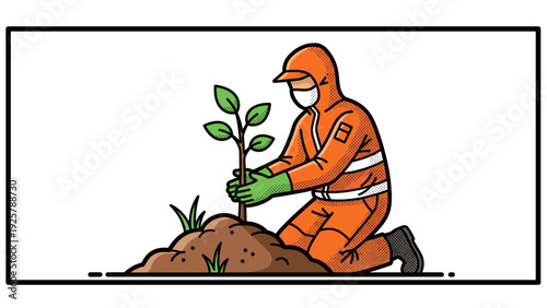 Gardener in protective gear planting a tree seedling in compost