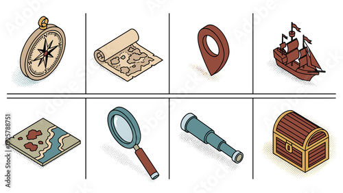 Nautical adventure icons: compass, map, ship, and treasure chest in isometric style