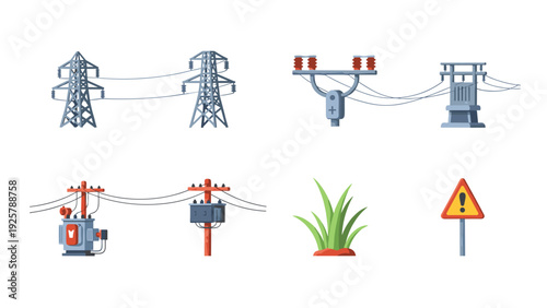 Detailed electrical transmission structures and safety sign in flat style