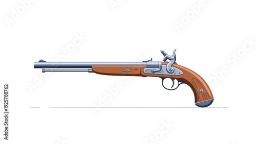 Vintage flintlock pistol side view with detailed design and elegant wooden grip