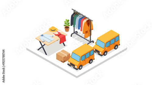 Isometric clothing store with delivery vans and fashion accessories