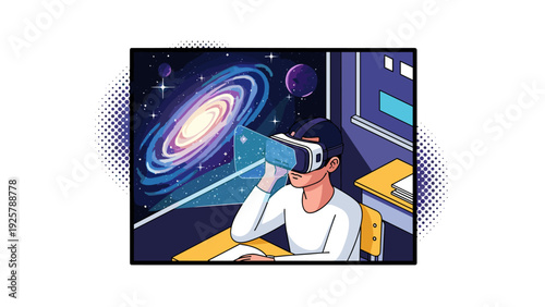 Immersive virtual reality experience in space with futuristic headset