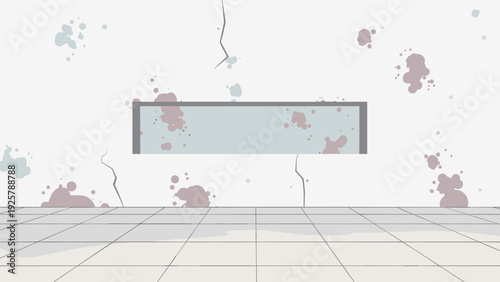 Minimalist room with abstract wall cracks and paint splatters