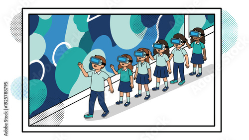 Children experiencing virtual reality in a colorful abstract world