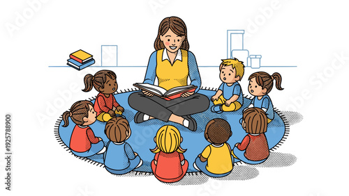 Teacher reading to diverse group of children in classroom setting