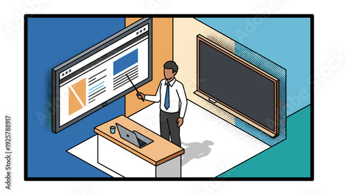 Modern office presentation setup with interactive screen and desk