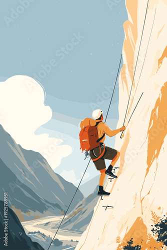 Via Ferrata Climber on Steep Cliff