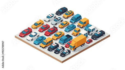 Diverse array of vehicles in parking lot isometric view