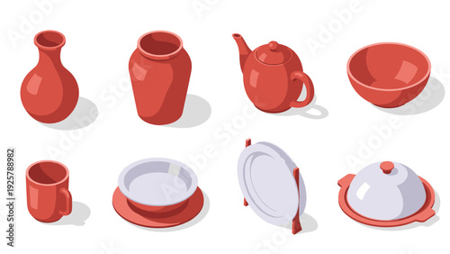 Isometric red ceramic pottery collection with plates and teapot on white background