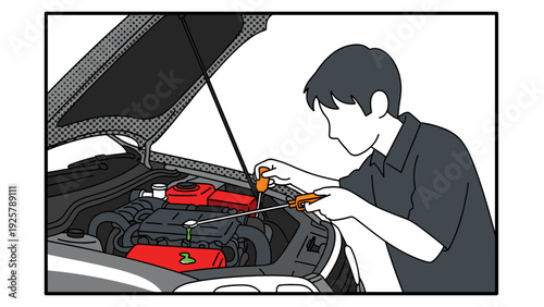 Person checking car engine in comic style graphic design