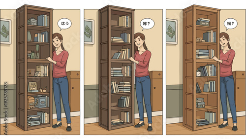 Woman organizing bookshelf in three panels with speech bubbles