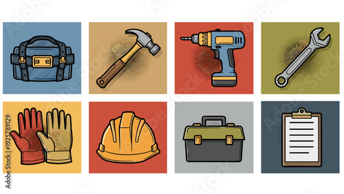 Retro tools and equipment icons for diy and construction projects