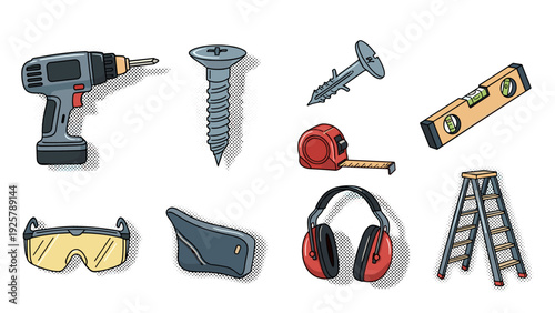 Hand tools and construction equipment: drill, screw, ladder, safety gear, and more