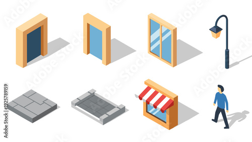Urban isometric elements set featuring doors, windows, lamp, pavement, and pedestrian