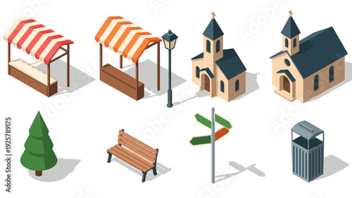 Charming town elements: market stalls, churches, and street fixtures in isometric style